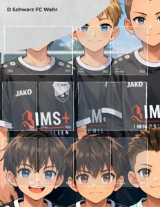 Albumseite 'D Schwarz FC Wehr' des StickerStars-Musteralbums mit illustrierten Spielerstickern