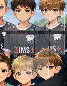 Albumseite des StickerStars-Musteralbums mit einer Anime-artigen Illustration von Spielergesichtern und Namenstickern