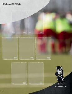 Albumseite 'Zebras FC Wehr' des StickerStars-Musteralbums mit Stickerfeldern für Spielerinnen, Spieler und das Maskottchen FC Zebra