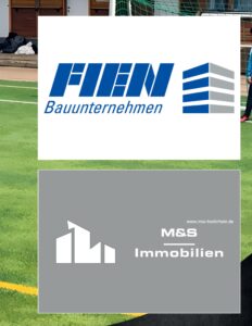 Logo des Sponsors FIEN Bauunternehmen vor dem Sportplatz des FC Wehr 1912