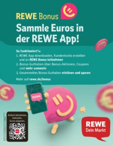 Werbegrafik der REWE-Bonus-App mit dem Slogan 'Sammle Euros in der REWE App'