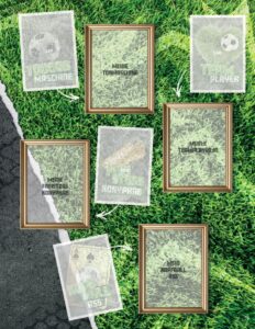 Albumseite des StickerStars-Musteralbums mit Auszeichnungsfeldern wie 'Torjaeger', 'Meine Tormaschine' und 'Team Player' auf Rasenhintergrund