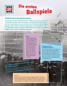 Albumseite des StickerStars-Musteralbums mit Text zu den ersten Ballspielen der Geschichte und Stickerfeldern