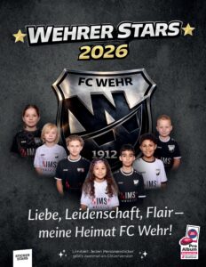 Titelseite des Sammelalbums 'Wehrer Stars 2026' mit großem FC-Wehr-Wappen und Kindern
