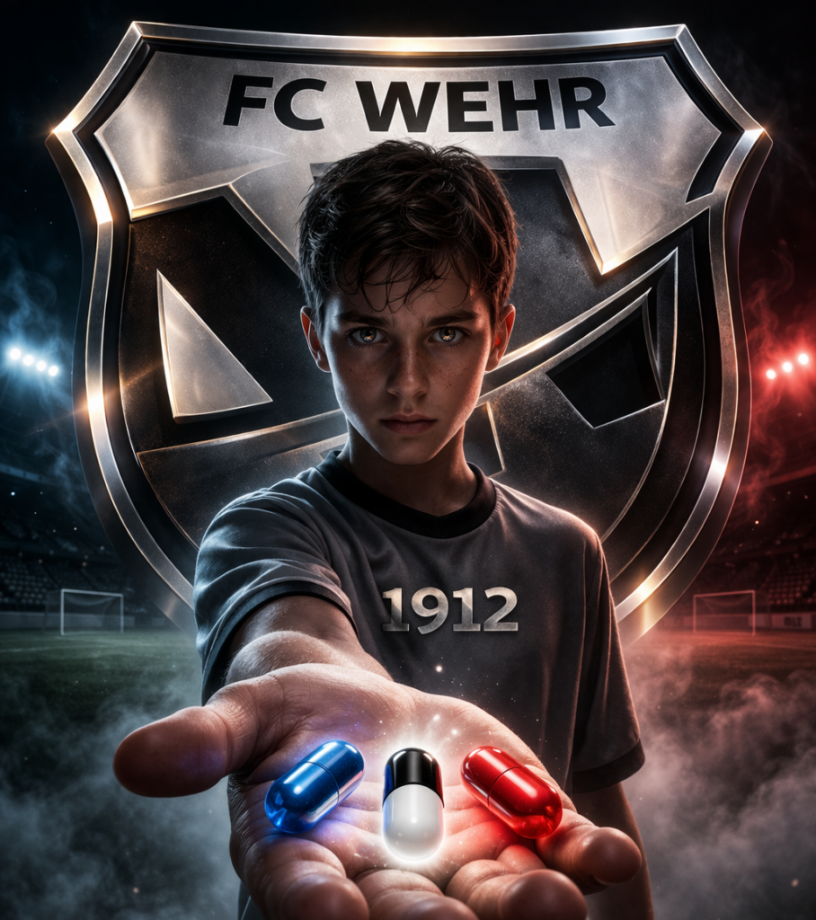 Dramatische Illustration mit dem FC-Wehr-Wappen im Hintergrund und dem Gesicht eines jungen Spielers im Vordergrund