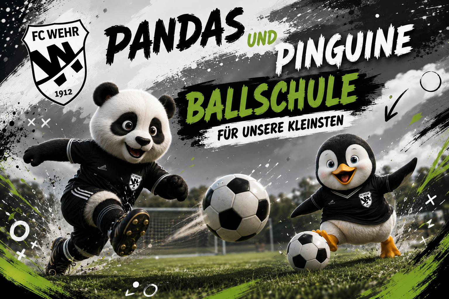 Illustration mit den FC Wehr Maskottchen Panda und Pinguin im Trikot beim Fußballspielen, Schriftzug 'Pandas und Pinguine Ballschule für unsere Kleinsten'
