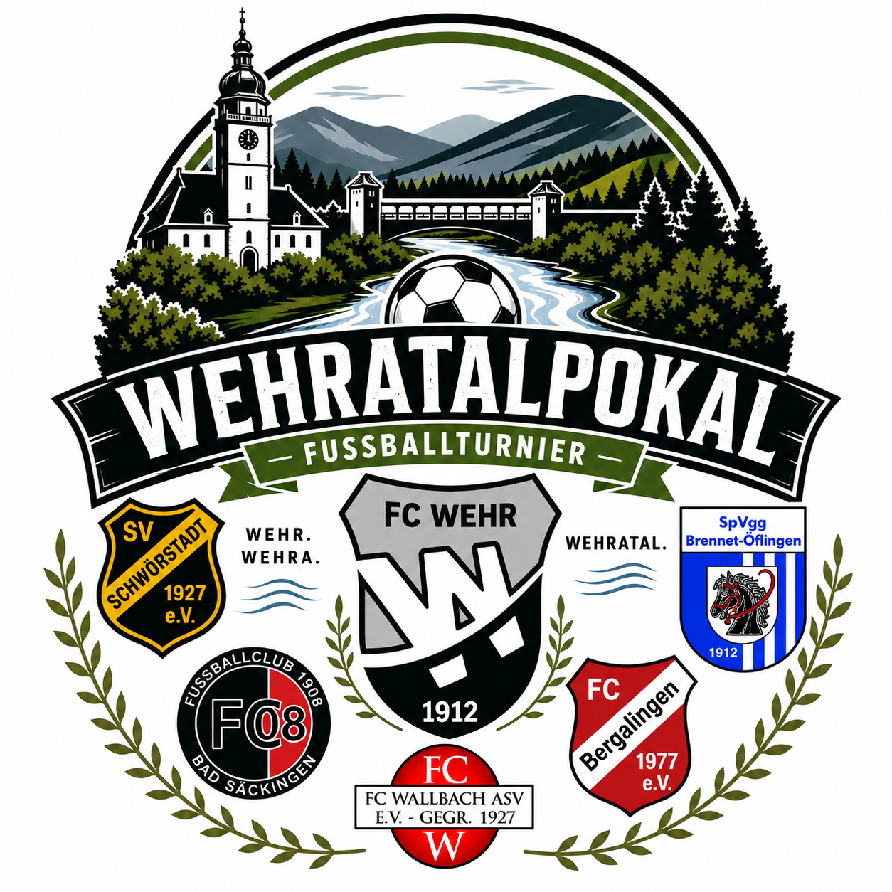 Logo des Wehratalpokal-Fußballturniers mit den Wappen von FC Wehr 1912, SV Schwörstadt, SpVgg Brennet-Öflingen, FC 08 Bad Säckingen, FC Wallbach und FC Bergalingen