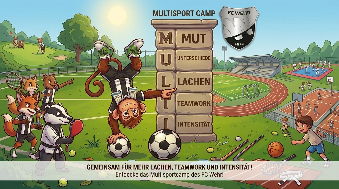 Illustration zum Multisport Camp des FC Wehr mit Tiermaskottchen und den Werten Mut, Unterschiede, Lachen, Teamwork und Intensität