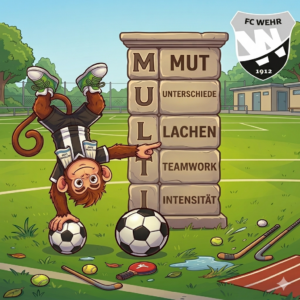 Illustration zum Multisport Camp des FC Wehr mit Affen-Maskottchen und den Werten Mut, Unterschiede, Lachen und Teamwork