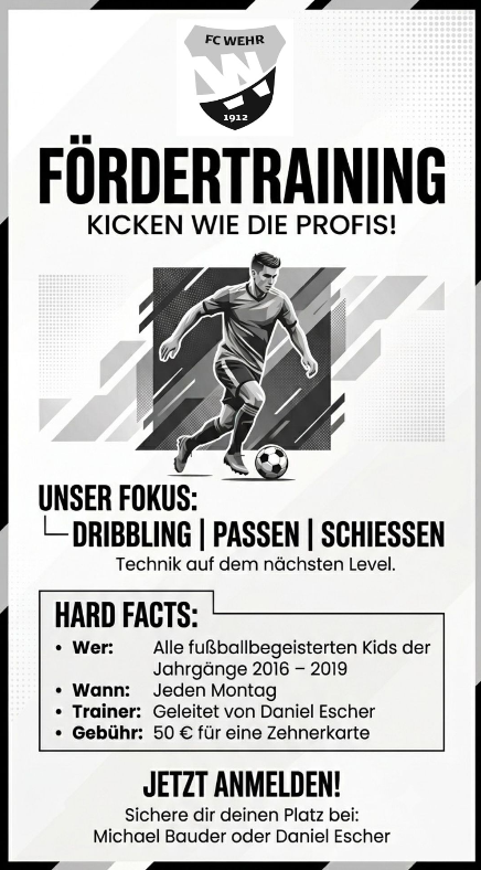 Werbeflyer für das Fördertraining des FC Wehr 1912 mit dem Slogan 'Kicken wie die Profis' und Fokus auf Dribbling, Passen und Schießen