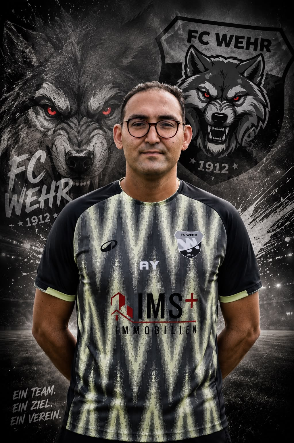 Bearbeitetes Porträt eines Spielers der A-Junioren des FC Wehr 1912 e.V. mit Wolf-Grafik und Vereinswappen