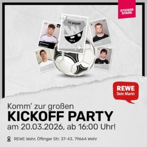 Werbegrafik zum StickerStars-2026-Album mit Spielerstickern des FC Wehr 1912 und REWE-Logo