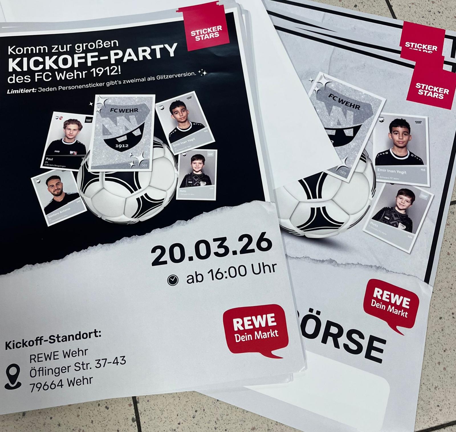 Flyer zur Kickoff-Party des StickerStars-2026-Stickeralbums des FC Wehr 1912 mit Spielersticker-Motiven