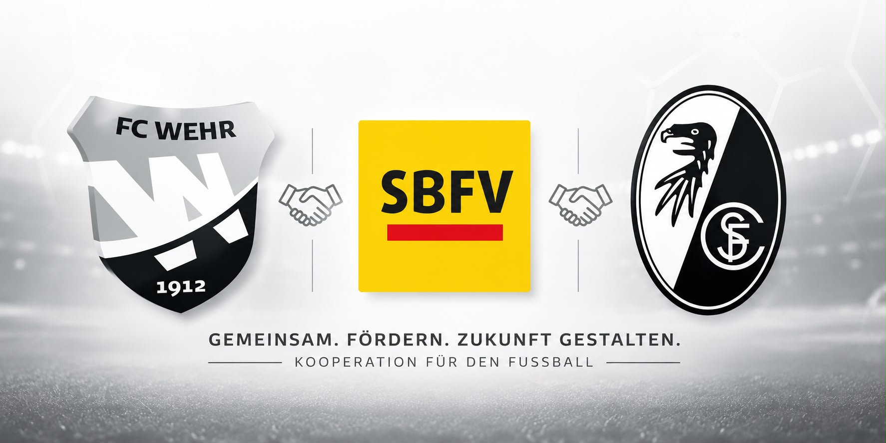 Grafik zur Kooperation von FC Wehr 1912, SBFV und SC Freiburg mit dem Slogan 'Gemeinsam. Fördern. Zukunft gestalten.'